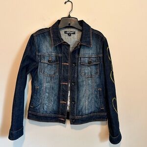 ED HARDY RHINESTONE TATTOO DENIM TRUCKER JACKET | Size Medium | EUC